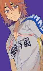 1boy absurdres ashikiba_takuto bike_jersey bob_cut collarbone colored_eyelashes dutch_angle eyelashes from_below frown hair_between_eyes heart_on_cheek high_collar highres light_blush male_focus mismatched_eyebrows ninonuko orange_hair partially_unzipped purple_background purple_eyes short_hair simple_background solo thick_eyebrows upper_body yellow_pupils yowamushi_pedal