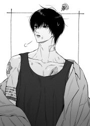 1boy adam&#039;s_apple annoyed arm_tattoo bruise bruise_on_face chest_tattoo coat collarbone frown greyscale highres injury kuroiisana looking_to_the_side lower_lip_only male_focus monochrome nagumo_(sakamoto_days) neck_tattoo one_eye_narrowed open_clothes open_coat open_mouth pectoral_cleavage pectorals sakamoto_days short_hair sigh simple_background single_bare_shoulder solo squiggle straight_hair sweatdrop tank_top tattoo teeth toned toned_male upper_body upper_teeth_only white_background