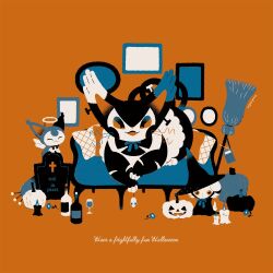 Rule 34 | animal focus, animal skull, bottle, broom, commentary, cup, drinking glass, english text, espurr, fake halo, field radio, gen 3 pokemon, gen 4 pokemon, gen 6 pokemon, halloween, halo, jack-o&#039;-lantern, limited palette, manami (uovoegg), nintendo, no humans, open mouth, orange background, pokemon, pokemon (creature), pumpkin, purugly, skitty, symbol-only commentary, tombstone, wine bottle, wine glass