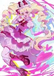 Rule 34 | 1girl, absurdres, aisaki emiru, blonde hair, blunt bangs, boots, bow, bowtie, bright pupils, brooch, collared dress, cure macherie, dress, drill hair, drop shadow, earrings, finger to face, frilled dress, frilled footwear, frilled headwear, frilled sleeves, frills, full body, gloves, hair bow, halftone, happy, hat, heart, high heel boots, high heels, highres, hugtto! precure, jewelry, knee boots, lace, lace-trimmed thighhighs, lace trim, large earrings, light particles, long hair, magical girl, makeup, mascara, mini hat, open mouth, outline, pink dress, pom pom (clothes), pom pom earrings, precure, puffy short sleeves, puffy sleeves, purple bow, red boots, red bow, red bowtie, red eyes, shipu (gassyumaron), short dress, short sleeves, smile, solo, standing, tareme, thighhighs, twin drills, twintails, v, waist bow, white background, white gloves, white hair, white pupils, white sleeves, white thighhighs, yellow brooch, yellow outline
