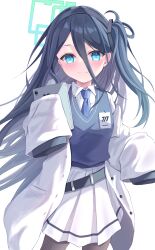 1girl absurdres alternate_costume aqua_eyes aqua_halo aris_(blue_archive) belt black_belt black_hairband black_pantyhose blue_archive blue_hair blue_necktie blue_vest blush bright_pupils buttons closed_mouth coat collared_shirt commentary_request cowboy_shot dot_nose floating_hair hair_between_eyes hairband halo hands_up highres holding hutaba_miyagi id_card lab_coat long_hair long_hair_between_eyes long_sleeves looking_at_viewer loose_belt millennium_science_school_logo necktie object_request off_shoulder one_side_up open_clothes open_coat pantyhose parted_bangs pleated_skirt pocket rectangular_halo ringed_eyes school_uniform shirt simple_background skirt sleeves_past_fingers sleeves_past_wrists smile split_mouth very_long_hair vest white_background white_coat white_shirt white_skirt