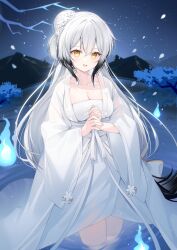 1girl azur_lane blue_fire breasts chinese_clothes cleavage collarbone dress fire flower gradient_hair grey_hair hai_tien_(autumn_night_of_wandering_spirits)_(azur_lane) hai_tien_(azur_lane) hair_bun hair_flower hair_ornament highres kooriais lake large_breasts long_dress long_hair long_sleeves looking_at_viewer mountain multicolored_hair night official_alternate_costume open_mouth solo star_(sky) very_long_hair wading white_dress white_flower white_hair wide_sleeves yellow_eyes