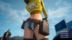 10s 1boy 1girl 3d abs ass back cidney_aurum day denim final_fantasy final_fantasy_xv from_behind from_below game_cg gladiolus_amicitia holster jacket midriff open_clothes open_jacket pouch screencap short_shorts shorts sky tan tanline underwear