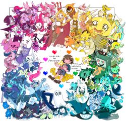 1other 6+boys 6+girls aaron_(undertale) absurdres alphys anniversary annoying_dog asriel_dreemurr astigmatism_(undertale) bird_that_carries_you_over_a_disproportionately_small_gap blue_shirt blue_shorts bratty_(undertale) brown_hair brown_shoes burgerpants cat_girl catty_(undertale) character_request closed_eyes closed_mouth creature dog dogamy dogaressa doggo_(undertale) echo_flower english_text everyone flower flowey_(undertale) frisk_(undertale) froggit fuku_fire gerson ghost goat_boy goat_girl greater_dog grillby heart highres human_souls_(undertale) ice_cap jerry_(undertale) knight knight_knight_(undertale) lesser_dog loox mad_dummy_(undertale) mad_mew_mew madjick mettaton mettaton_(box) mettaton_ex migosp moldsmal monster monster_kid_(undertale) muffet multiple_boys multiple_girls napstablook nice_cream_guy onionsan papyrus_(undertale) parsnik photoshop_flowey pyrope_(undertale) royal_guard_01_(undertale) royal_guard_02_(undertale) sans_(undertale) shirt shoes short_hair shorts shyren skateboard_girl_(undertale) skeleton smile snowdin_shopkeeper snowdrake striped_clothes striped_shirt tama_(tamafuku08) temmie tsunderplane undertale undyne vegetoid vulkin white_background woshua yellow_flower