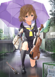 1girl bag black_eyes black_legwear blush bow_(music) braid brown_hair female_focus full_body instrument loafers long_sleeves mole mole_under_eye original purple_eyes rain school_bag school_uniform serafuku shoes short_hair single_braid skirt smile solo squatting tears tiv translated umbrella violin