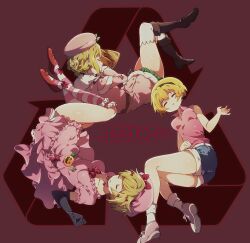 3girls arrow_(symbol) blonde_hair boots breasts ciconia_no_naku_koro_ni denim denim_shorts dress elbow_gloves gloves hat highres higurashi_no_naku_koro_ni hinamikan houjou_satoko in-franchise_crossover jacket jestress kneehighs lambdadelta multiple_girls pink_dress pink_jacket recycling_symbol red_background shoes short_hair shorts socks striped_clothes striped_socks thighs umineko_no_naku_koro_ni
