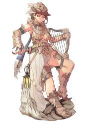 1girl absurdres arm_armor armor belt blue_eyes boots breasts brown_hair cleavage closed_mouth commentary dress earrings english_commentary full_body fur_boots harp hat highres instrument jewelry kingdom_death lokman_lam medium_breasts sash sheath sheathed simple_background white_background white_sash