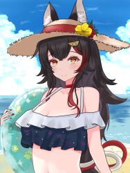 Rule 34 | 1girl, animal ear fluff, animal ears, artist request, bare shoulders, beach, bikini, black bikini, blush, breasts, choker, cleavage, closed mouth, cloud, collarbone, day, ears through headwear, floral print, flower, hair between eyes, hair ornament, hairclip, hat, hat flower, highres, holding, holding swim ring, hololive, holonatsu paradise, horizon, innertube, long hair, looking at viewer, medium breasts, microsoft paint (medium), multicolored hair, navel, ocean, oekaki, off shoulder, official alternate costume, ookami mio, ookami mio (holonatsu paradise), outdoors, red choker, red nails, smile, solo, straw hat, streaked hair, swim ring, swimsuit, tail, upper body, virtual youtuber, wolf ears, wolf girl, wolf tail, yellow eyes