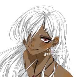1girl bare_shoulders blush borrowed_character check_gender closed_mouth collarbone commentary commission dark-skinned_female dark_skin english_commentary gender_request hair_over_one_eye jewelry kyuunn lips long_hair mole mole_under_mouth original pendant smile spaghetti_strap symbol-shaped_pupils thick_eyelashes white_hair