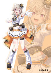 1girl ascot belt black_ascot black_bow black_shoes blush bow bowtie chacha_zo clothing_cutout collared_shirt copyright_name crown double-parted_bangs earrings facial_mark frilled_gloves frilled_skirt frills full_body garter_straps gloves hair_bow highres jewelry komori_met layered_skirt loose_socks midriff mini_crown official_art open_hand open_mouth orange_belt orange_skirt outstretched_arms platform_shoes purple_eyes sample_watermark shirt shoes short_sleeves shoulder_cutout single_garter_strap skirt socks solo spread_arms star_(symbol) thigh_marking triangle triangle_facial_mark virtual_youtuber vspo! waist_bow watermark white_bow white_bowtie white_gloves white_shirt zoom_layer