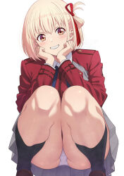 1girl blonde_hair clenched_hands crotch_seam elbow_rest feet_out_of_frame from_below grey_skirt grin hair_ribbon highres jacket looking_at_viewer lycoris_recoil lycoris_uniform mibushiro neck_ribbon nishikigi_chisato panties pantyshot pleated_skirt red_eyes red_jacket red_ribbon ribbon shoes short_hair simple_background skirt smile solo squatting teeth thick_thighs thighs underwear upskirt white_panties