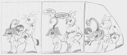 blush breasts broken_condom condom couple cum cum_in_pussy digimon digimon_(creature) digital_hazard guilmon highres looking_at_another monochrome palmon petals rain scalesinbluesky sex tongue tongue_out