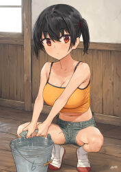 1girl blush breasts bucket camisole cleavage closed_mouth collarbone commentary_request dated gaki_kyonyuu grey_shorts highres kaedeko_(kaedelic) large_breasts looking_at_viewer midriff navel oppai_loli red_eyes sasaki_kanna shoes shorts signature solo split_mouth squatting thighs twintails water white_shoes yellow_camisole