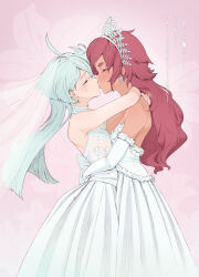 2girls arms_around_neck bare_arms bare_shoulders blush bridal_veil closed_eyes commentary_request dark-skinned_female dark_skin dress earrings elbow_gloves flower gloves gundam gundam_suisei_no_majo highres jewelry kiss lily_(flower) long_hair miorine_rembran multiple_girls red_hair slothdev_(yat1215) strapless strapless_dress suletta_mercury tears tiara translation_request veil wedding_dress white_dress white_gloves white_hair wife_and_wife yuri