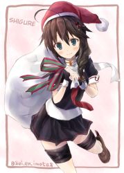 10s 1girl ahoge black_gloves black_serafuku black_skirt blue_eyes braid character_name christmas female_focus fingerless_gloves gloves hair_between_eyes hair_flaps hair_ornament hair_ribbon hard-translated hat kantai_collection long_hair necktie pleated_skirt red_necktie ribbon sack santa_hat school_uniform serafuku shigure_(kancolle) shoes single_braid skirt smile solo suien third-party_edit translated twitter_username