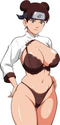 1girl absurdres bra breasts brown_eyes brown_hair chinese_clothes cleavage closed_mouth curvy double_bun female_focus forehead_protector hair_bun hands_on_own_hips headband highres konohagakure_symbol large_breasts legs looking_at_viewer naruto_(series) naruto_shippuuden navel panties smile solo tenten_(naruto) thick_thighs thighs underwear white_background wide_hips