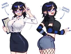 1girl arrow_(symbol) artist_name birthmark black_hair blue-framed_eyewear blue_choker blue_eyes blue_nails blushyspicy bra breasts choker clipboard crop_top cropped_shirt denim denim_shorts detached_sleeves earrings english_text fangs fishnet_pantyhose fishnets glasses high-waist_skirt holding holding_clipboard hoop_earrings jewelry large_breasts long_sleeves medium_hair multiple_views nail_polish office_lady open_mouth pantyhose pencil_skirt pointy_ears see-through_clothes see-through_shirt shirt short_sleeves shorts skirt striped_sleeves taut_clothes taut_shirt underwear v white_background