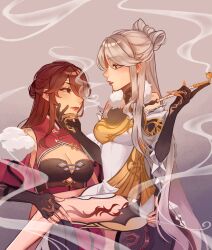 2girls absurdres beidou_(genshin_impact) breasts brown_hair closed_mouth foiii genshin_impact hair_ornament highres holding holding_smoking_pipe long_hair multiple_girls ningguang_(genshin_impact) parted_lips smoke smoking smoking_pipe tassel tassel_hair_ornament white_hair yuri