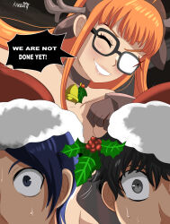 1girl 2boys absurdres amamiya_ren antlers breasts choker christmas christmas_bell closed_eyes english_text glasses gloves highres horns karbuitt kitagawa_yuusuke megami_tensei mistletoe multiple_boys nude orange_hair persona persona_5 purple_eyes reindeer_antlers sakura_futaba santa_costume shocked_pupils speech_bubble sweatdrop