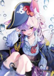 1girl absurdres bike_shorts blue_eyes breasts hair_between_eyes heterochromia highres looking_at_viewer m_cream01 purple_hair shirt small_breasts socks solo stellive tenko_shibuki thighs white_shirt white_socks yellow_eyes
