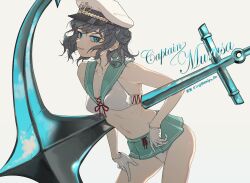1girl absurdres aqua_eyes bikini breasts collarbone collared_bikini gloves green_eyes green_skirt hat highres looking_at_viewer miniskirt murasa_minamitsu sailor_collar sailor_hat shimiya_jin short_hair skirt small_breasts smile solo swimsuit touhou white_background white_bikini white_gloves