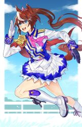 1girl alt_text animal_ears ascot asymmetrical_gloves blue_eyes blue_gloves blue_shirt blue_skirt blue_sleeves boots bow brown_hair collared_shirt commentary english_commentary epaulettes gloves highres horse_ears horse_girl horse_tail long_hair long_sleeves mismatched_gloves multicolored_hair open_mouth paid_reward_available pink_ascot pink_bow ponytail radiostarkiller shirt single_epaulette skirt solo streaked_hair tail tokai_teio_(umamusume) umamusume white_boots white_gloves white_shirt white_skirt white_streaks
