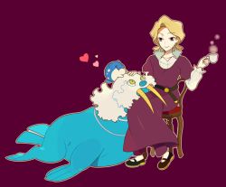 Rule 34 | 00s, 1girl, bad id, bad pixiv id, belt, blonde hair, blue eyes, chair, cup, dress, elite four, gen 3 pokemon, glacia (pokemon), heart, nintendo, pokemon, pokemon (creature), pokemon rse, purple background, smile, spheal, teacup, ucchii, walrein