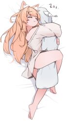 1girl :3 absurdres animal_ear_fluff animal_ears bare_legs barefoot blue_archive body_pillow cat_ears cat_girl closed_eyes doodle_sensei_(blue_archive) full_body highres hugging_object loli long_hair mangotonic mari_(blue_archive) off_shoulder orange_hair pillow pillow_hug sensei_(blue_archive) shirt sleeping solo zzz