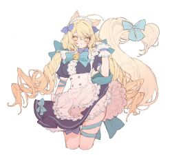 Rule 34 | 1girl, animal ear request, animal ears, apron, aqua bow, aqua bowtie, aqua ribbon, arm ribbon, back bow, bell, black dress, blonde hair, blue bow, blue bowtie, blue wrist cuffs, bow, bow legwear, bowtie, buttons, center frills, commentary request, corset, cropped legs, dorainatto, dot nose, dress, eyelashes, floating clothes, frilled apron, frilled wrist cuffs, frills, hair between eyes, hair bow, hand in own hair, leg ribbon, light blush, long hair, looking at viewer, low twintails, maid, maid headdress, multiple hair bows, original, parted lips, petticoat, puffy short sleeves, puffy sleeves, ribbon, short dress, short sleeves, shy, simple background, sleeve bow, solo, swept bangs, tail, tail bow, tail ornament, thigh ribbon, thigh strap, twintails, two-sided dress, two-sided fabric, very long hair, wavy hair, white apron, white background, white corset, wrist cuffs, yellow eyes, yellow tail