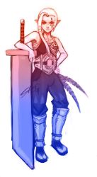 1990s_(style) 1girl armor buster_sword commentary facial_tattoo female_focus final_fantasy final_fantasy_vii fringe_trim greaves huge_weapon hyrule_warriors impa md5_mismatch muneate nintendo pants planted planted_sword planted_weapon pointy_ears retro_artstyle sage_sins sarashi short_hair sleeveless solo sword tabi tattoo the_legend_of_zelda weapon