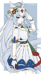 1girl absurdres ahoge animal_ears aqua_pupils artist_name bad_source blue_eyes bow closed_mouth dress english_text feet_out_of_frame from_side gloves grey_hair hair_ornament hairband highres holding holding_microphone horse_ears horse_girl horse_tail jacket long_hair looking_at_viewer microphone multicolored_hair official_alternate_costume official_alternate_hairstyle oguri_cap_(miraculous_white_star)_(umamusume) oguri_cap_(umamusume) qianyin_lixing salute shirt short_sleeves skirt smile solo tail umamusume very_long_hair white_gloves white_jacket white_shirt