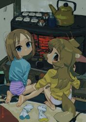 2girls absurdres animal_ear_fluff animal_ears bandaid bandaid_on_leg barefoot blue_eyes blue_shirt bouen brown_eyes brown_hair carpet closed_mouth commentary_request cup eyebrows_hidden_by_hair fox_ears fox_girl fox_tail from_behind full_body highres kettle long_hair looking_at_viewer looking_back mug multiple_girls open_mouth original purple_shorts rug shirt short_hair shorts sitting soles squatting steam stove tail toes wariza white_shorts yellow_shirt