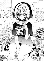 1girl akiyama_enma bare_legs beer_can blush book book_stack bra breasts can collarbone colored_bangs commentary_request drink_can frown full_body greyscale hair_intakes highres holding holding_can indoors large_breasts long_shirt manga_(object) messy_room meta monochrome multicolored_hair noa-senpai_wa_tomodachi. nose_blush saotome_noa shirt short_hair short_sleeves socks solo striped_clothes striped_socks stuffed_animal stuffed_rabbit stuffed_toy t-shirt tears thick_thighs thighs two-tone_hair underwear unworn_bra