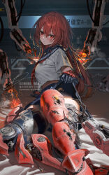 1girl android blue_sailor_collar damaged heirou joints long_hair maintenance mechanical_arms mechanical_legs neckerchief original pleated_skirt red_eyes red_hair red_neckerchief repairing robot_girl robot_joints sailor_collar school_uniform serafuku skirt welding