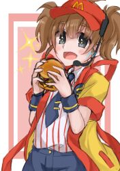 1girl absurdres black_necktie black_shorts burger food grey_eyes hat headset highres holding holding_burger holding_food imadake_dabuchi_tabemi mcdonald&#039;s necktie open_mouth red_hair red_hat shirt short_twintails shorts solo striped_clothes striped_shirt sukuroot twintails wrist_cuffs