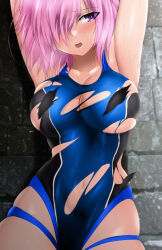 1girl against_wall alternate_costume arms_up averting_eyes black_one-piece_swimsuit blue_one-piece_swimsuit blush breasts cleavage collarbone commentary_request competition_swimsuit convenient_censoring cowboy_shot falling_feathers fate/grand_order fate_(series) feathers hair_over_one_eye large_breasts mash_kyrielight navel one-piece_swimsuit open_mouth peril pink_hair purple_eyes short_hair skindentation solo swimsuit teeth torn_clothes two-tone_one-piece_swimsuit upper_teeth_only yadokari_genpachirou