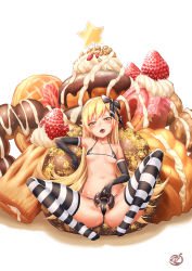 1girl absurdres bai_linqin bakemonogatari bikini black_bikini black_gloves blonde_hair breasts cameltoe chocolate_donut collarbone come_hither covered_erect_nipples donut elbow_gloves fangs feet female_focus food french_cruller fruit gloves groin_tendon hair_ribbon highres icing in_food knees_up long_hair looking_at_viewer micro_bikini monogatari_(series) naughty_face navel no_shoes old-fashioned_donut open_mouth oshino_shinobu oversized_object partially_visible_anus ribbon shiny_skin sitting slit_pupils small_breasts solo spread_legs star_(symbol) strawberry string_bikini striped_clothes striped_thighhighs swimsuit thighhighs tongue tongue_out very_long_hair whipped_cream yellow_eyes