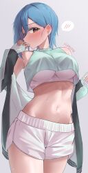 1girl absurdres blue_hair commentary_request covered_underboob cowboy_shot crop_top cropped_shirt earrings green_jacket green_shirt highres jacket jacket_partially_removed jewelry looking_at_viewer love_live! love_live!_superstar!! navel orange_eyes profile rikka006 shirt short_hair short_shorts shorts sleeveless sleeveless_shirt solo speech_bubble spoken_blush sports_bra standing stomach stud_earrings sweat variant_set wakana_shiki white_shorts white_sports_bra