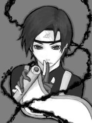1boy forehead_protector gloves han_(vangelo) male_focus monochrome naruto_(series) naruto_shippuuden sai scroll solo tegaki