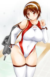10s 1girl asics brand_name_imitation breasts brown_eyes brown_hair cameltoe competition_swimsuit detached_sleeves female_focus gun kantai_collection large_breasts natori_(kancolle) one-piece_swimsuit short_hair solo swimsuit thighhighs weapon yukitaka
