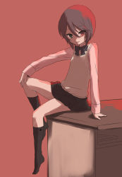 00s bad_id bad_pixiv_id brown_hair heterochromia ica long_sleeves rozen_maiden short_hair sitting skirt socks solo souseiseki table