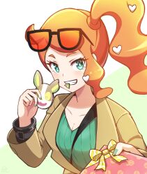 1girl aqua_eyes aqua_nails aqua_shirt between_breasts bracelet breasts brown_coat cleavage coat collarbone cookie eyewear_on_head food gen_8_pokemon gift hair_ornament heart heart_hair_ornament highres holding holding_gift hyoe_(hachiechi) jewelry medium_breasts nail_polish nintendo orange-tinted_eyewear orange_hair peacoat pokemon pokemon_swsh ribbed_shirt shirt side_ponytail solo sonia_(pokemon) strap_between_breasts sunglasses tinted_eyewear v-neck yamper