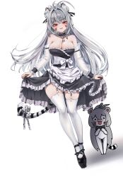 1girl animal_ear_fluff animal_ears armpit_crease black_choker breasts brown_dust brown_dust_(series) choker cleavage clothes_lift detached_sleeves dress dress_lift facial_mark frilled_choker frills full_body garter_belt grey_hair highres large_breasts lips long_hair looking_at_viewer nadina99 nail_polish open_mouth platform_shoes red_eyes shadow simple_background solo strapless strapless_dress tail thighhighs tiger_ears tiger_tail white_background white_thighhighs yuri_(brown_dust) yuridori_(brown_dust)