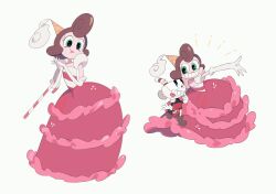 Rule 34 | 1boy, 1girl, baroness von bon bon, bendy straw, black shirt, blue eyes, brown footwear, brown hair, brown hat, candy, candy cane, closed mouth, colored skin, cup, cuphead, cuphead (game), dress, drinking straw, elbow carry, elbow gloves, eye contact, fewer digits, finger to cheek, food, food-themed hat, full body, gloves, green eyes, grin, hand on another&#039;s shoulder, hashtag-only commentary, hat, highres, index finger raised, jj mung, long dress, long sleeves, looking at another, object head, outstretched arm, own hands together, pac-man eyes, pink dress, pink lips, pink skin, red shorts, shirt, short hair, short sleeves, shorts, simple background, smile, tongue, tongue out, white background, white gloves