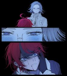 2boys 3koma ahoge aotsuki_eito black_gloves black_hair blood blood_from_mouth blue_eyes close-up comic crying crying_with_eyes_open eyelashes glasses gloves hand_on_another&#039;s_cheek hand_on_another&#039;s_face hand_on_another&#039;s_head highres jacket male_focus messy_hair multiple_boys open_mouth parted_hair red_hair sumino_takumi tears the_hundred_line_-last_defense_academy- upper_body white_hair white_jacket