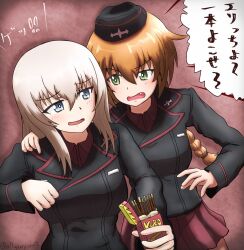 Rule 34 | 2girls, black hat, black jacket, blue eyes, brown hair, commentary request, food, garrison cap, girls und panzer, girls und panzer little army, girls und panzer phase erika, green eyes, grey hair, haiiro purin, hat, jacket, kuromorimine military uniform, long hair, multiple girls, pocky, red shirt, sheska (girls und panzer), shirt, short hair, takahashi natsumi, translation request