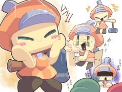 +_+ 1girl 2boys blush_stickers closed_eyes colored_skin fence highres issa_rock luigi mario mario_&amp;_luigi:_brothership mario_&amp;_luigi_rpg mario_(series) multiple_boys multiple_views nettsuu nintendo open_mouth pointing shaded_face smile translation_request wooden_fence yellow_skin