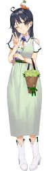 1girl ahoge alternate_costume animal black_hair brown_eyes bucket crab crab_on_head drew_(drew213g) flower full_body green_flower green_rose holding kantai_collection long_hair official_art one_eye_closed open_mouth pet rose short_sleeves smile solo tachi-e third-party_source transparent_background ushio_(11th_anniversary)_(kancolle) ushio_(11th_anniversary)_(kantai_collection) ushio_(kancolle) v white_flower white_footwear wristband