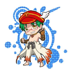Rule 34 | 1boy, barefoot, belt, black belt, black gloves, chibi, chibi only, clothes around waist, commentary request, cross, cross necklace, cross of prontera, fingerless gloves, flame print, full body, gauntlets, glasses, gloves, green hair, grin, hat, jewelry, looking at viewer, male focus, nayuruonline, necklace, pants, peaked cap, ragnarok online, red-framed eyewear, red hat, shirt, shirt around waist, short hair, smile, solo, sura (ragnarok online), topless male, white background, white pants, white shirt, winged hat, yellow eyes