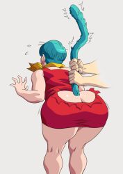 1girl absurdres ass blue_fur blue_hair boots bulma butt_crack disembodied_hand dragon_ball dress highres red_dress scarf squatting squeezing tail torn_clothes vanbrand